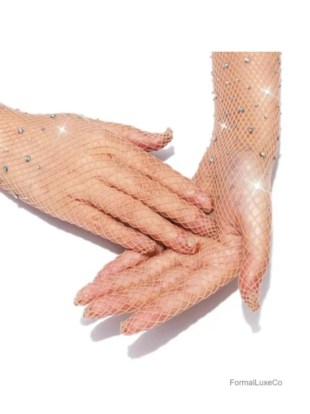 Rhinestone Fishnet Long Gloves - Glitter Mesh Elbow Length Rave Costume Gloves